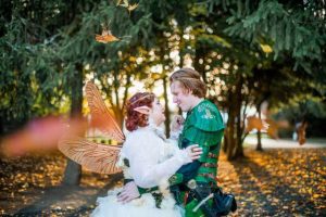 A bride and groom in fantasy costumes