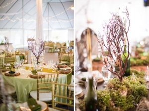 Two pictures of a wedding reception set up with moss and greenery.
