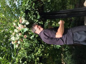 A man standing in front of a flower wall.