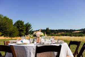 A dining table set up in an open field