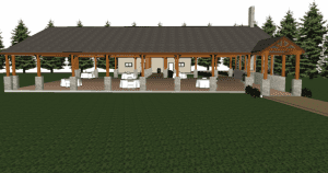 A 3d rendering of a covered patio in a wooded area.