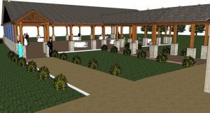 A 3d rendering of a building with a patio.