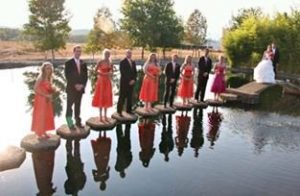 A group of bridesmaids and groomsmen standing in a pond.
