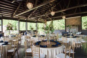 A wedding reception set up with tables and chairs.