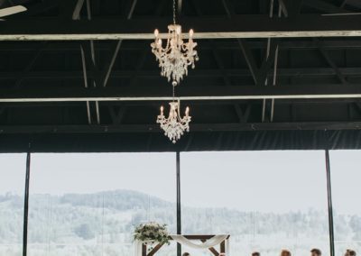 Chandeliers hanging from the building ceiling