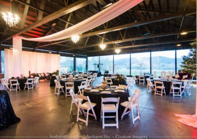 Tables and chairs decorated for the wedding