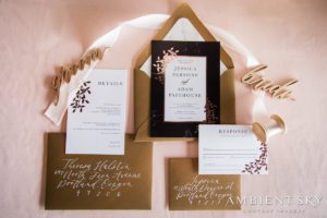 Wedding invitations hanging on the wall