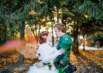 A bride and groom in fantasy costumes