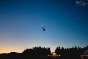 A man is flying a kite in the sky at dusk.