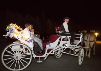 A bride and groom riding in a horse drawn carriage at night.