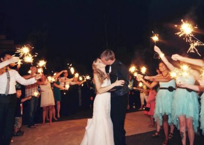 A bride and groom kissing in front of sparklers.