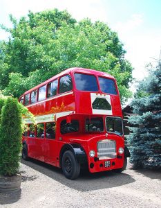 A red double decker bus parked in front of a tree.