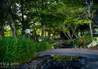 A bridge stretching across the pond in the gardens