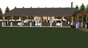 A 3d rendering of a wedding reception in a wooded area.