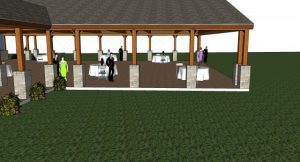 A 3d rendering of a patio with tables and chairs.