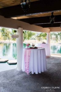 Two tables near the pond