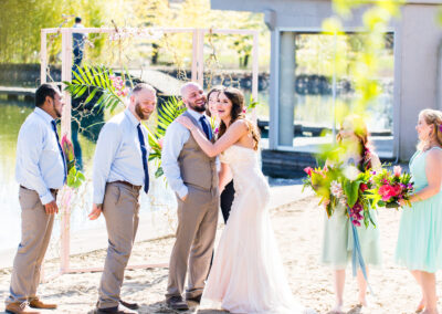 Bride and groom laughing