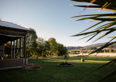 A view of the wide open lawn across the building